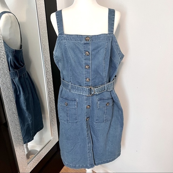 Women’s Overall Button Down Jumper Dress with Belt & Front Pockets Size 1X - Picture 1 of 8